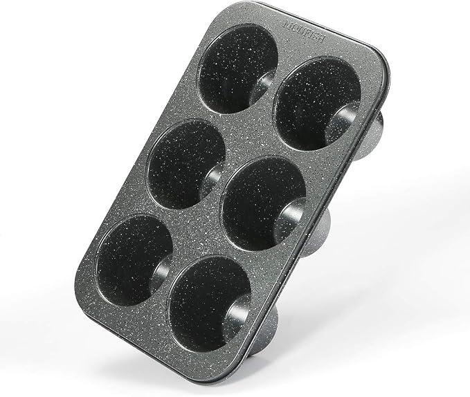 Monfish 2pcs Jumbo Deep Muffin Pan - 6-Cavity Baking Tray, 3.5x3 Inch Cups - Carbon Steel - Black Granite Stone Finish - Extra Large Cupcake Tins for Baking (2 deep muffin)