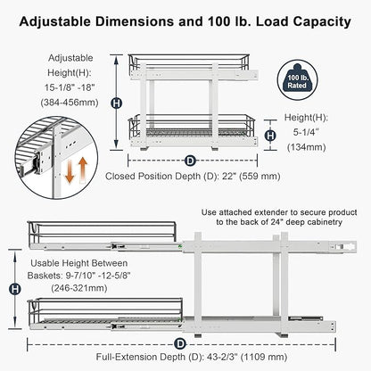 2 Tier Pull Out Cabinet Organizer - 8" W x 22" D Soft Close Slide Out Shelves with Shelf Liners - Pullout Drawers for Kitchen Cabinets, Pantry, Bathroom, Heavy Duty Steel Wire Baskets