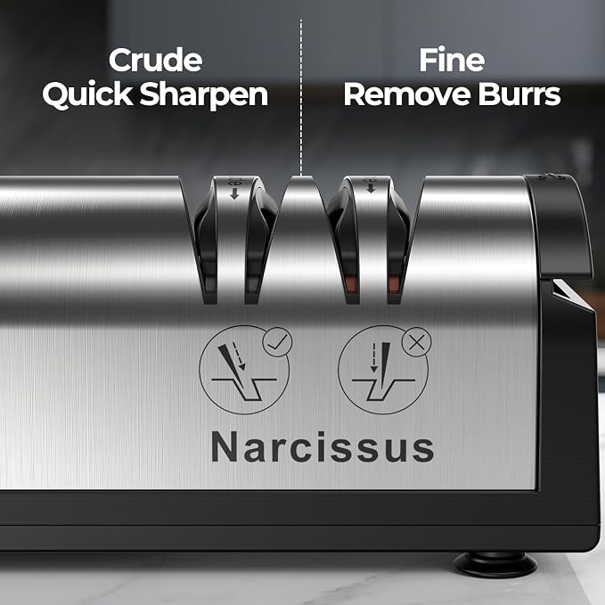 Narcissus Knife Sharpener, Professional 2 Stage Electric Knife Sharpener for Quick Sharpening & Polishing, with Scissors Sharpener and Metal Dust Collection Box, Stainless Steel, Silver