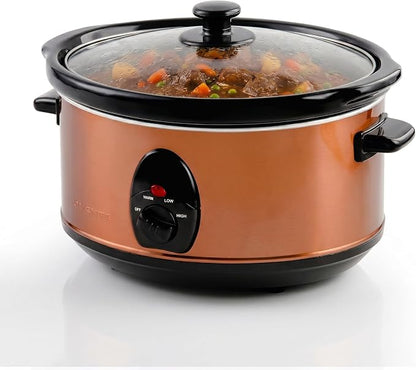 OVENTE Electric Slow Cooker with 3 Cooking Settings, Non-Stick and Dishwasher Safe Stoneware, Stainless Steel Body, Glass Lid, 3.7 Qt Oval Pot for Entrees, Soups, Sauces, Stews & Dips, Copper SLO35ACO