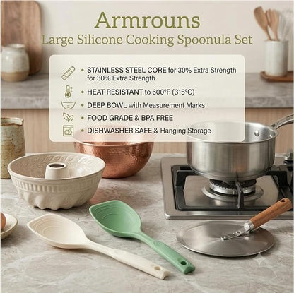 Large Silicone Cooking Spoon 2PC, 12 -inch Non-Stick Spoonula set Deep Bolw & Measurement Mark for Mixing,Serving, Scooping, Scraping, Kitchen Utensils Spoons (White & Green)