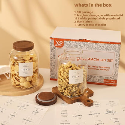 2 Pack Glass Food Storage Containers with Airtight Acacia Lids and 132 Kitchen Pantey Labels Preprint - 67 LF OZ Borosilicate Glass Canister Sets for Food,Coffee,Cookie,Tea,Candy,Sugar