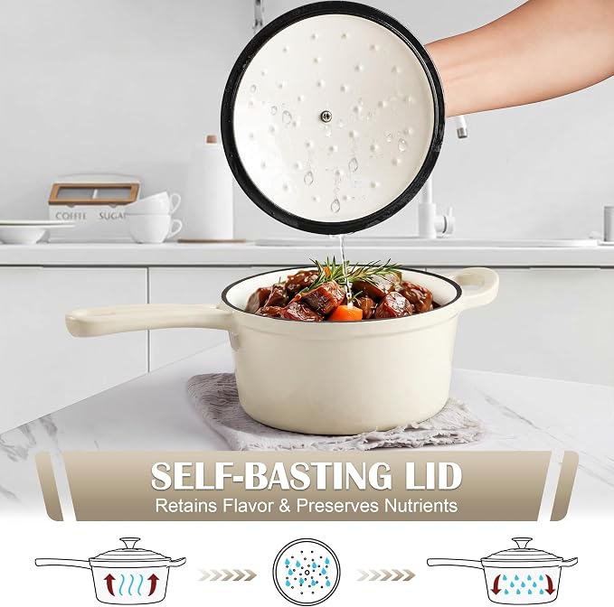E-far 1Qt & 2Qt Sauce Pan Set, Enameled Cast Iron Saucepans Pot with Self-basting Lids, Heavy Duty Small Dutch Oven for Stove, Induction-Ready & Easy Clean, Cream