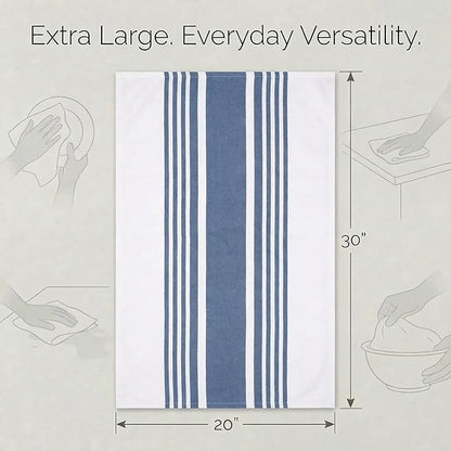 Urban Villa Kitchen Towels 100% Cotton Dish Towels for Kitchen (Set of 6) 20”x30” Dish Cloths Highly Absorbent Kitchen Linen Set with Hanging Loop Perfect for Drying Dishes Cleaning Towels-Blue White