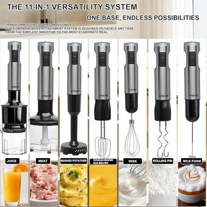 Handheld Immersion Blender Bundle, 1000W Powerful 12-in-1 Set for Smoothies,Orange Juicer,Minced meat,Milk frother,Egg Beater, Dough Hook, Vegetable Chopper, Potato Masher