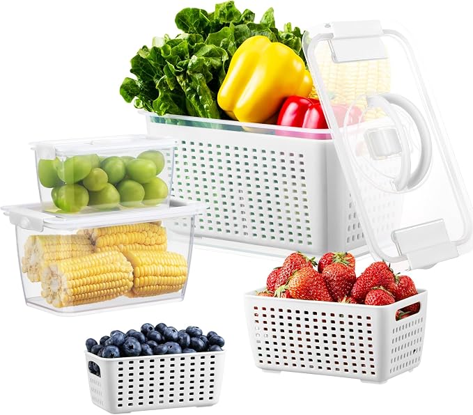 LUXEAR Produce containers for fridge,3 Set Fruit Containers with Removable Colander, BPA-Free Produce Saver Containers with Lids Dishwasher&Microwave Safe Keep Fruits, Vegetables, Berry, Fresh Longer