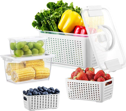 LUXEAR Produce containers for fridge,3 Set Fruit Containers with Removable Colander, BPA-Free Produce Saver Containers with Lids Dishwasher&Microwave Safe Keep Fruits, Vegetables, Berry, Fresh Longer