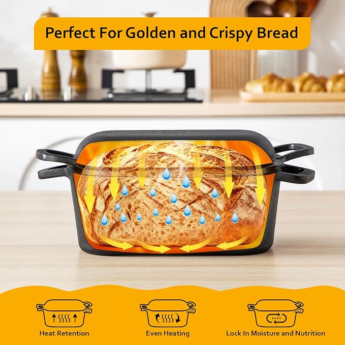 Velaze 3.6QT Dutch Oven for Bread Baking,Oval Cast Iron Bread Oven Pan with Lid and Offset Handles,Oven Safe to 500°F for Homemade Sourdough Bread(Black)