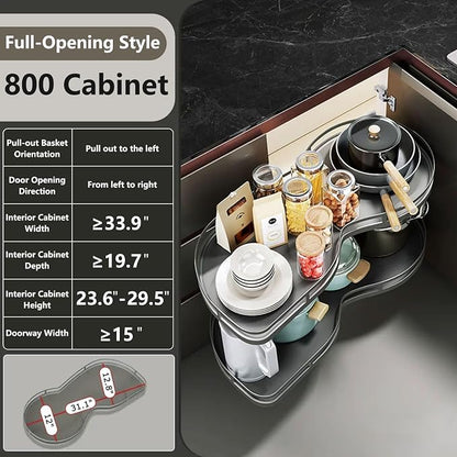 Blind Corner Cabinet Organizer Pull Out, 2 Tier Magic Corner Pull Out Shelves for Kitchen Storage, Soft Close Adjustable Height Organizer, Heavy Duty Metal Rack for Pots, Pans and Pantry Items
