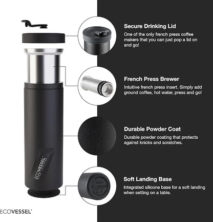 EcoVessel Travel French Press, Portable Coffee Maker, Stainless Steel Insulated Coffee Press, Reusable Single Serve Bottle for On-The-Go Use, 14oz (Stone)