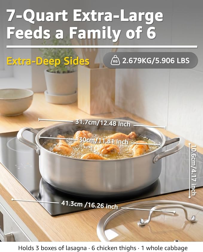 LOLYKITCH 7 QT & 12 Inch Ceramic Nonstick Cookware Set - Tri-Ply Stainless Steel Large Sauté Pan with Lid and Frying Pan - Oven & Dishwasher Safe, Detachable Handle, PFOA-Free, Induction Compatible