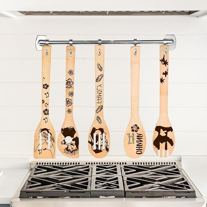 Birthday Gifts for Women - 5 PCS Leo and Stitc Wooden Spoons for Cooking,Engraved Cartoon Kitchen Accessories,Cute Cartoon Spatula for Kitchen Decor Stitc Kitchen Stuff,Lelo and Stitc Gifts