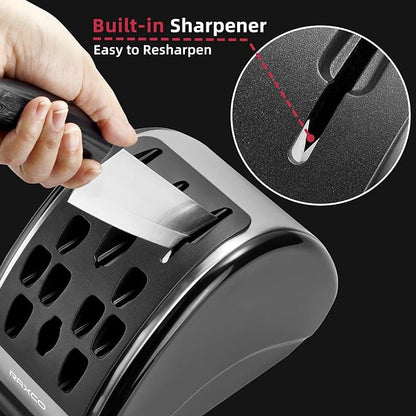 RAXCO 15-Piece Knife Sets with Block for Kitchen,Dishwasher Safe,Black | 6 Chef's Knives,6 Steak Knives,Kitchen Scissor,Stylish Block with Built-in Sharpener,Ergonomic Grips,Space-saving.