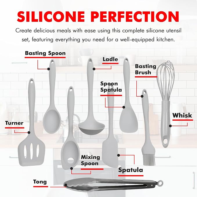 Chef Craft - Premium Silicone Kitchen Tools and Utensils Set, Non-Scratch, Withstands Temperatures up to 450°F, BPA-Free, 9 Piece Cooking Utensils Set, Gray