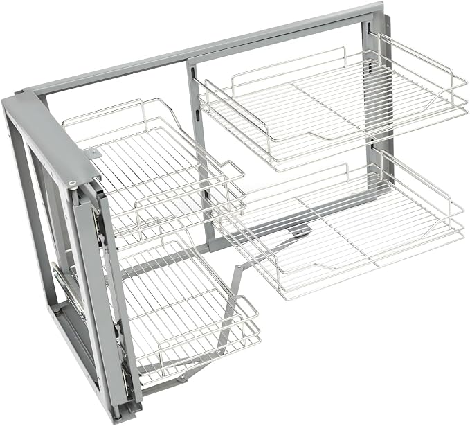 Pull-Out Cabinet Organizer, 2-Tier Left or Right Corner Kitchen Cabinet Organizer, Slide Out Drawer, Stainless Steel, Grey Silver, 4 Baskets, for Pantry, Kitchen, Apartment, Home Storage