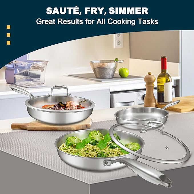 EWFEN Tri-Ply Stainless Steel Frying Pans Set with Lid, 8”/10”/12” Cooking pans, PFOA&PTFE Free Skillet, Induction Cooking Pan, Dishwasher and Oven Safe, Fast & Even Heat, Suitable for All Stove