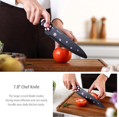 Cute Kitchen Knife Set, Dishwasher Safe, 5 pieces Non-Stick Knives,Sharp for Chopping, Slicing, Dicing and Cutting, Cat Paw Handle