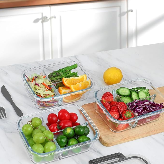 M MCIRCO 36 oz 3 Compartments Glass Meal Prep Containers set of 5 and 24Pcs Glass Food Storage Containers Set