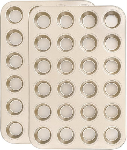 Beasea Nonstick Mini Muffin Pan 24 Cups, 2 Pack 24 Mini Small Tiny Cup Non Stick Muffin Baking Pan Tin Tray Carbon Steel Bakeware Individual Cupcake Baking Pan - Gold