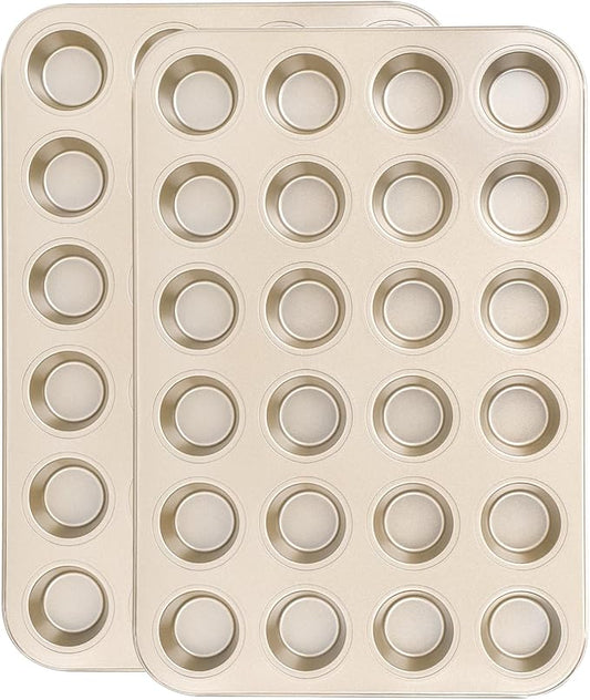 Beasea Nonstick Mini Muffin Pan 24 Cups, 2 Pack 24 Mini Small Tiny Cup Non Stick Muffin Baking Pan Tin Tray Carbon Steel Bakeware Individual Cupcake Baking Pan - Gold