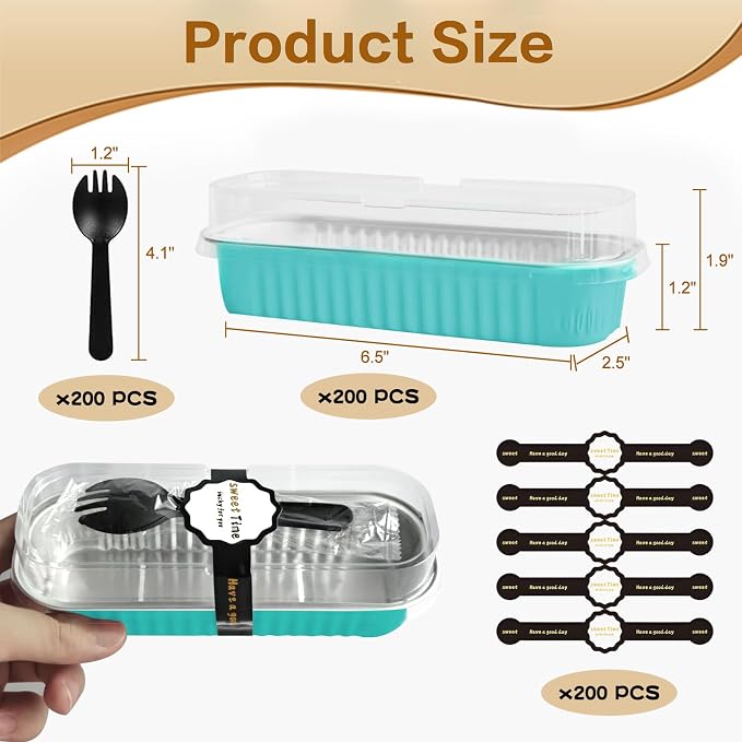 Mini Cake Pans with Lids and Spoons 200 Pack, Mini Loaf Pans with lids 6.8oz, Small Disposable Aluminum Foil Loaf Pans, Rectangular Baking Container for Party, Picnics and Housewarming (Blue)