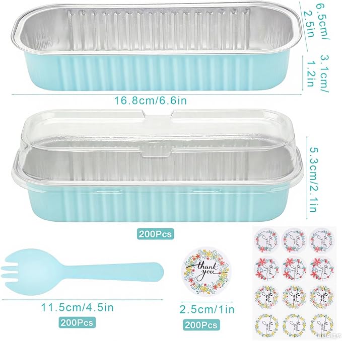 200Pack Mini Cake Pans Disposable Mini Loaf Pans with Lids and Spoons and Stickers, 6.8Oz Aluminum Foil Pans Tins, Individual Dessert Cups Containers for Sales,Party,Picnics Sky Blue