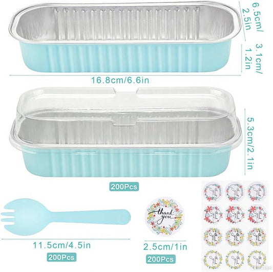 200Pack Mini Cake Pans Disposable Mini Loaf Pans with Lids and Spoons and Stickers, 6.8Oz Aluminum Foil Pans Tins, Individual Dessert Cups Containers for Sales,Party,Picnics Sky Blue
