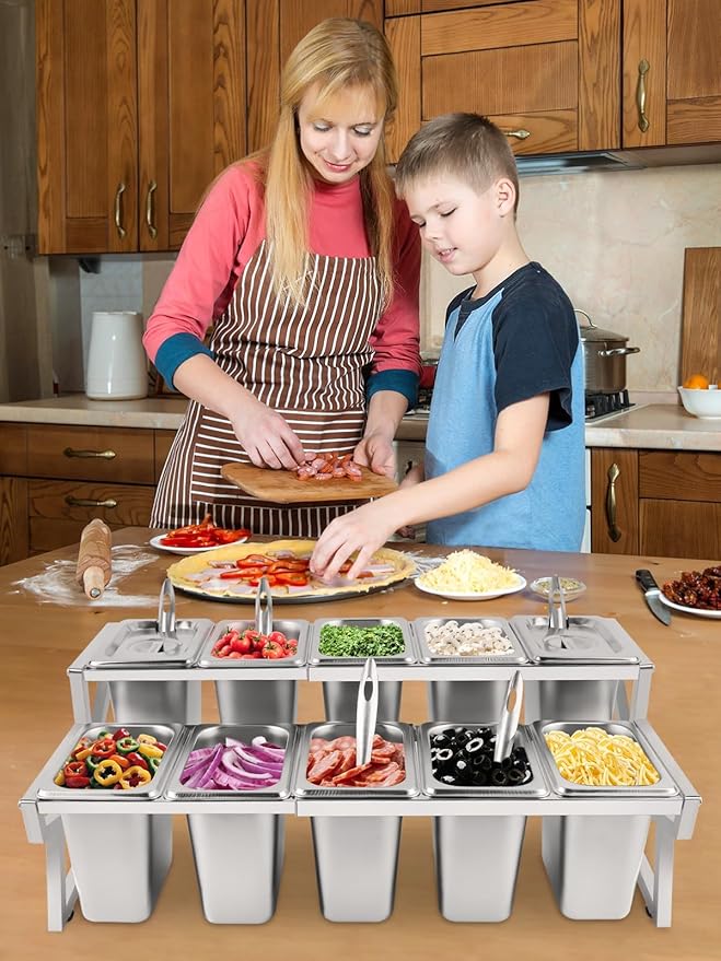 10 Pans Pizza Topping Station 2 Row Adjustable Pizza Storage Container Topping containers with Lids Condiment Organizers Buffet Containers Set for Restaurant Pizza Sauce Jam Fruit Ingredient