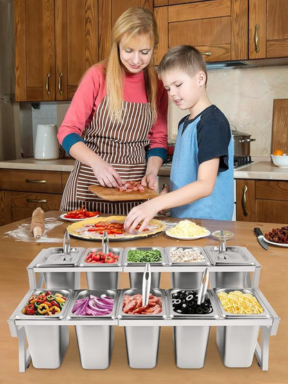 10 Pans Pizza Topping Station 2 Row Adjustable Pizza Storage Container Topping containers with Lids Condiment Organizers Buffet Containers Set for Restaurant Pizza Sauce Jam Fruit Ingredient