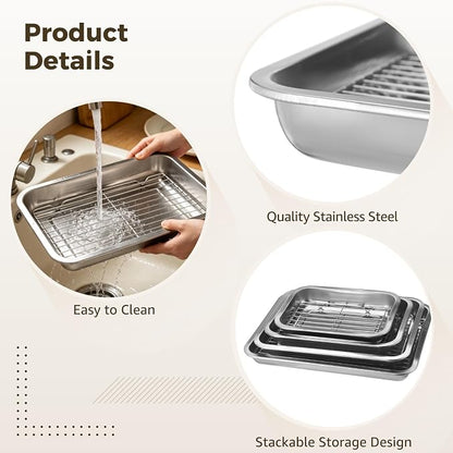 4 Pcs Stainless Steel Baking Sheet with Wire Rack, 10.6 + 12.6 + 14.2 + 15.7 Inch Baking Pans Trays, Dishwasher Safe Bakeware for Cooking, Roasting, Grilling