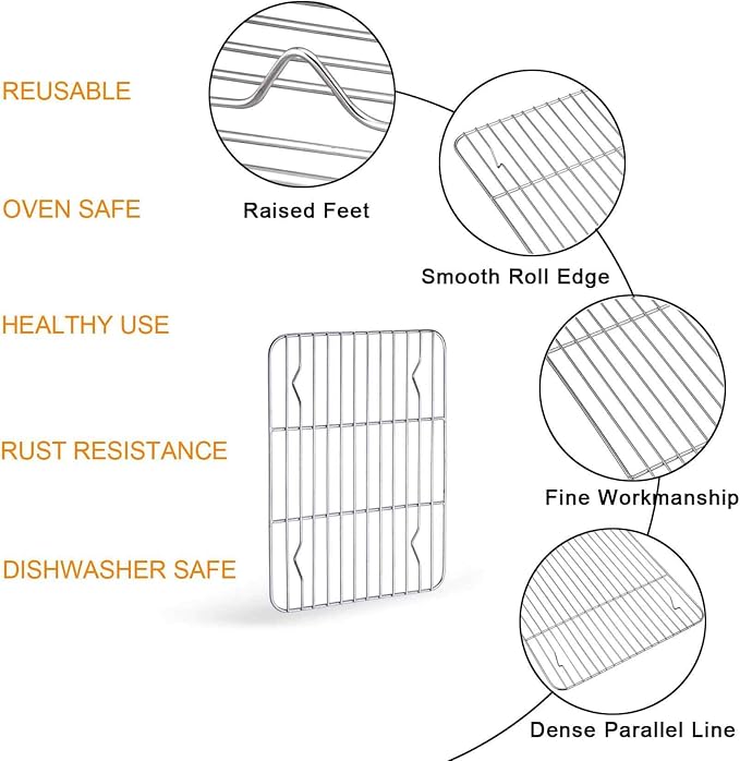 TeamFar 10.5’’ x 8’’ x 1’’ Toaster Oven Pan with Rack Set, Small Baking Pans Tray Stainless Steel with Cooling Rack Set of 4, Non-Toxic & Heavy Duty, Mirror Finish & Dishwasher Safe
