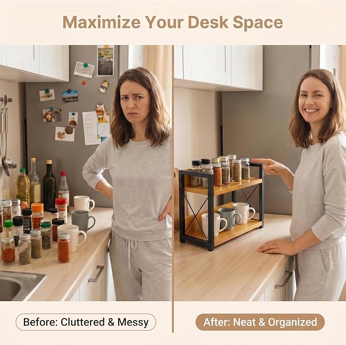 2-Tier Countertop Organizer, Iron-Wood Coffee Station Shelf, Heavy Duty Kitchen Counter Spice Rack for Coffee Bar, Pantry, Bathroom Storage (Bamboo)