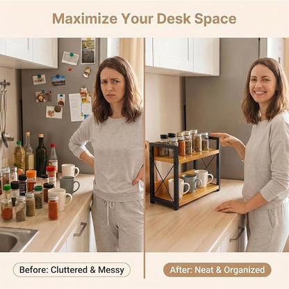 2-Tier Countertop Organizer, Iron-Wood Coffee Station Shelf, Heavy Duty Kitchen Counter Spice Rack for Coffee Bar, Pantry, Bathroom Storage (Bamboo)