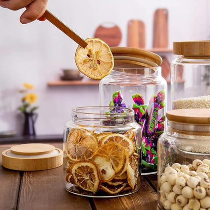 3 Pack 1200 ml / 42 oz clear cute glass storage canister holder with airtight bamboo lid, modern decorative small container jar for coffee, spice, candy, salt, cookie, condiment, pepper, sugar