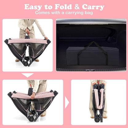 INFANS 3 in 1 Pack and Play, Portable Travel Baby Bassinet with Detachable Mattress, Changing Table, Foldable Playpen with Carry Bag, 2 Wheels (Pink Stripes)