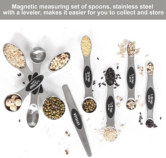 Set of magnetic measuring spoons with a leveler on a white background