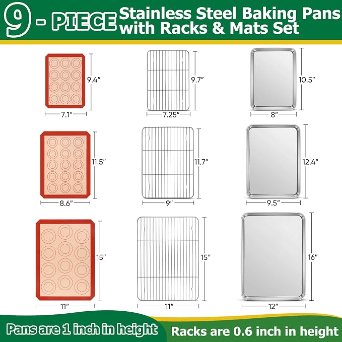 TeamFar Stainless Steel Baking Sheet with Rack Set, 10.5/12.5/16 Inch Baking Pan with Wire Rack & Silicone Baking Mat for Oven Baking, Cookies Sheets Set of 9 (3 Sheets + 3 Racks + 3 Mats), Easy Clean