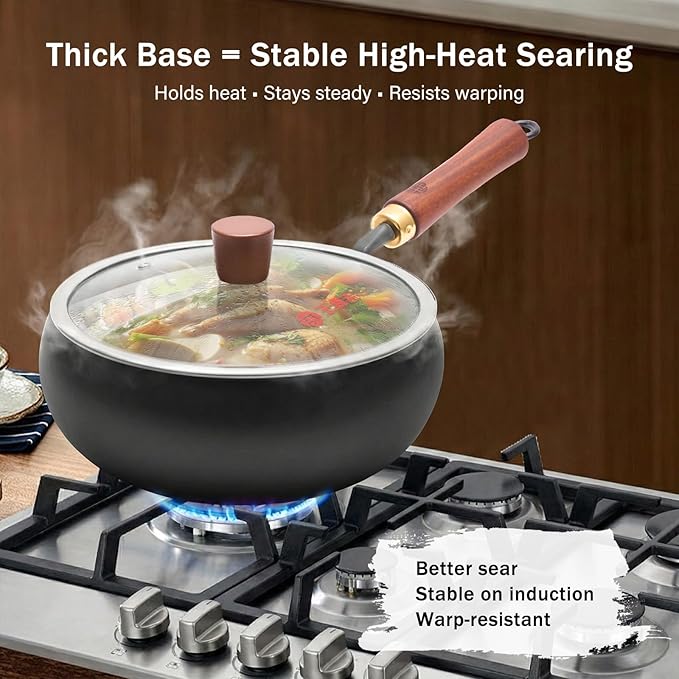 WANGYUANJI Carbon Steel Wok Pan Flat Bottom Iron Stir Fry Pan Induction Cookware 9.5 Inch Uncoated Small Traditional Skillet with Lid