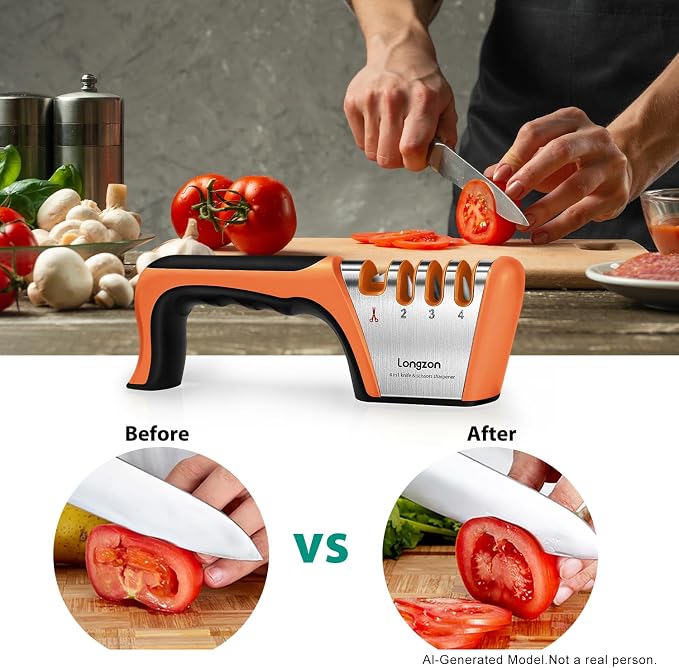 Longzon 5-in-1 Knife Sharpener 4 Stage with Cut-Resistant Glove, Quickly Sharpens & Restores Dull Blades, Easy & Safe for Home Kitchen Use, Fits Most Knives and Scissors, Black+Orange