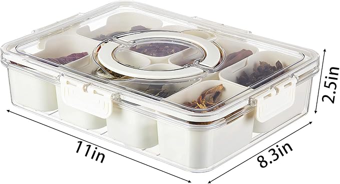 Divided Snackle Box with Handle Food Serving Tray Charcuterie Board with Lid Stackable Fruit&Veggie Container with 8 Small with Removable Boxes for Travel Snack Candy Nuts Spice