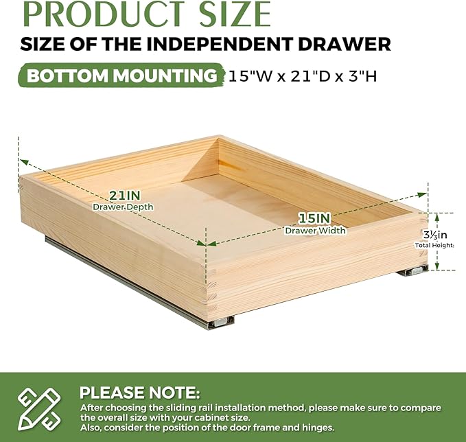 Wooden Pull Out Cabinet Organizer for Kitchen Fully Assembled 15" W x 21" D x 3" H Solid Wood Drawer with Soft Close Slides Bottom or Side Mount for Pantry Bathroom Bedroom Dining Room Storage