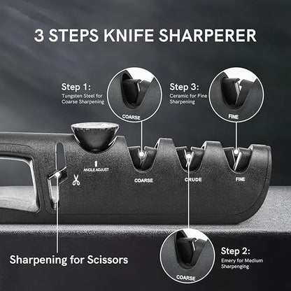 DARK EDGE 3PCS Kitchen Knives Set, 8 Inch Chef Knife with Black Sharpener and Blade Guard, Professional Kitchen Chef's Knife Set 06