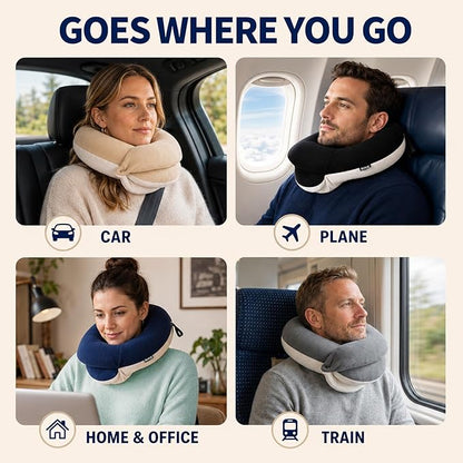 BUYUE Travel Neck Pillows for Airplanes, Memory Foam 360° Head Support Sleep for Long Flight, Skin-Friendly & Breathable, Kit with Eye Mask, Earplugs and Storage Bag (Adult, Pink, 90+ lbs)