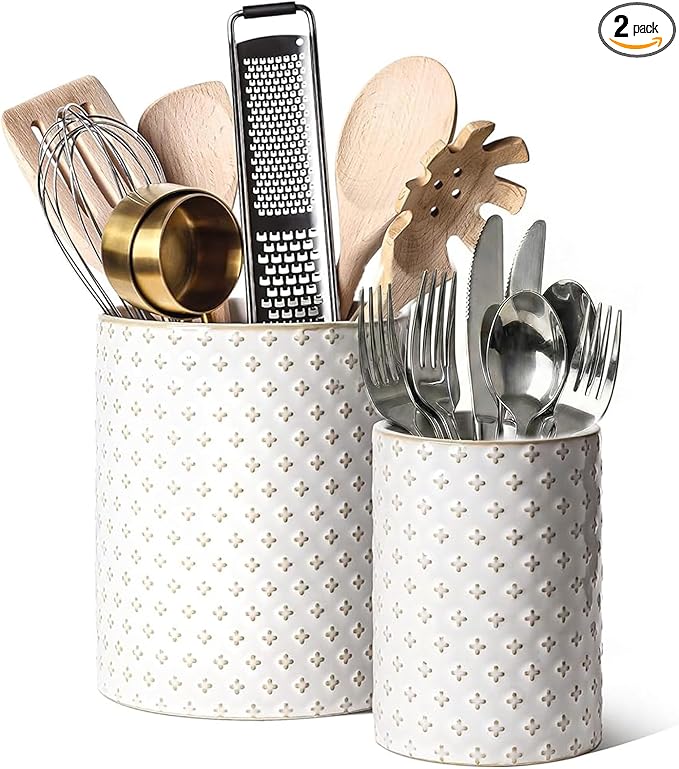 LE TAUCI Kitchen Utensil Holder for Countertop - 7.1"+5.4" Ceramic Utensil Crock Set of 2, Large Cooking Utensil Organizer for Spatula, Spoon, Whisk - Farmhouse Storage, Embossed, Clover