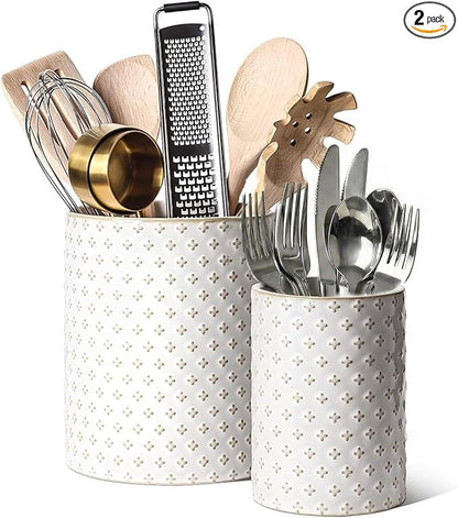 LE TAUCI Kitchen Utensil Holder for Countertop - 7.1"+5.4" Ceramic Utensil Crock Set of 2, Large Cooking Utensil Organizer for Spatula, Spoon, Whisk - Farmhouse Storage, Embossed, Clover