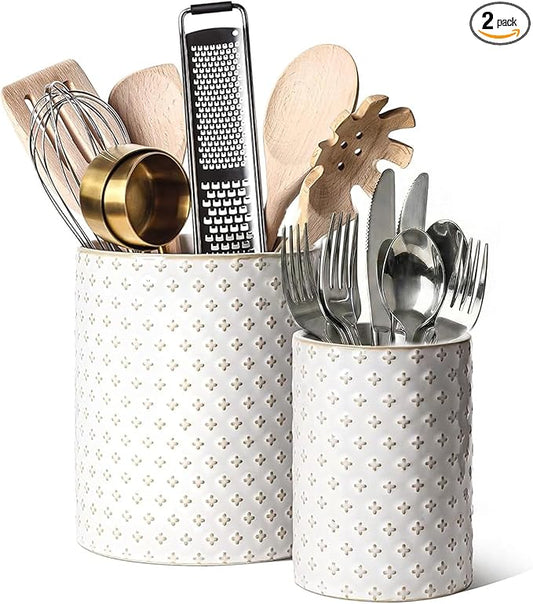 LE TAUCI Kitchen Utensil Holder for Countertop - 7.1"+5.4" Ceramic Utensil Crock Set of 2, Large Cooking Utensil Organizer for Spatula, Spoon, Whisk - Farmhouse Storage, Embossed, Clover