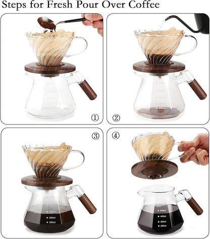 Lalord Pour Over Coffee Dripper with 100 pcs of Size 02 Paper Filter, Borosilicate Glass & Walnut Collar, Drip Coffee Maker, 1-3 Cups, Clear (Coffee Dripper)