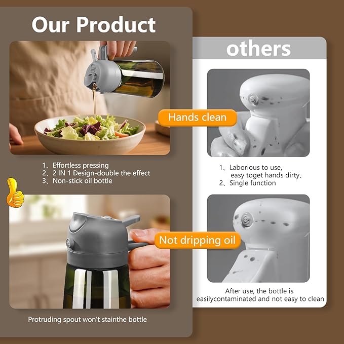 SWEET VIEW Olive Oil Dispenser and Oil Sprayer – 16oz/470ml Glass Light-Proof Oil Pourer for Kitchen Air Fryer, Cooking, Salad, and BBQ, with Stickers