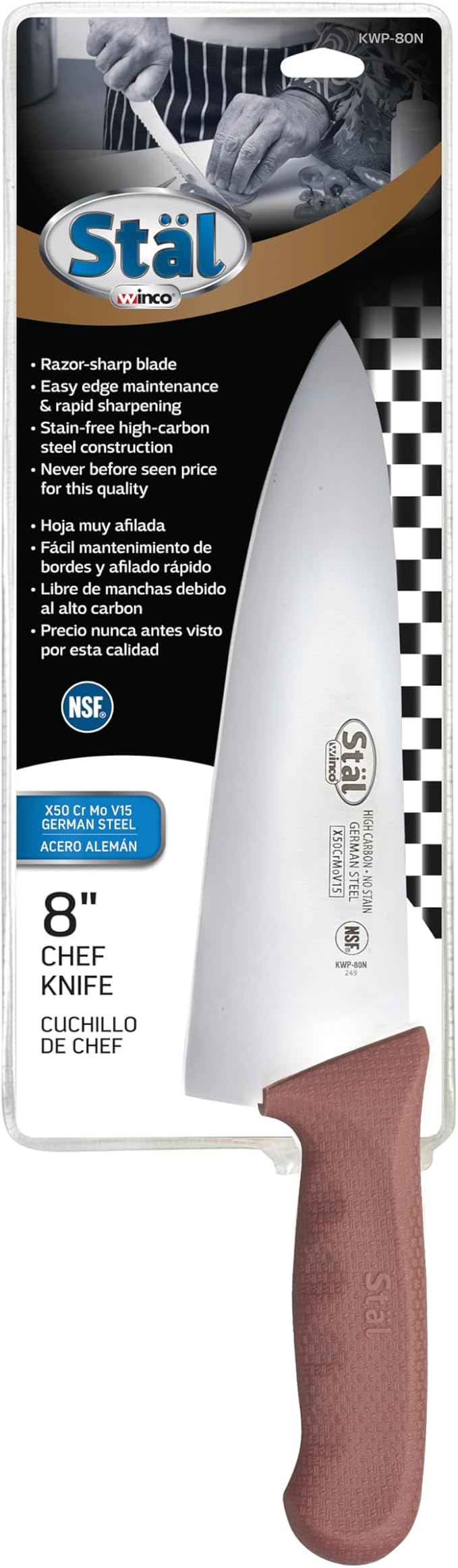 Winco 8" Commercial-Grade Chef's Knife with German Steel Blade, Brown