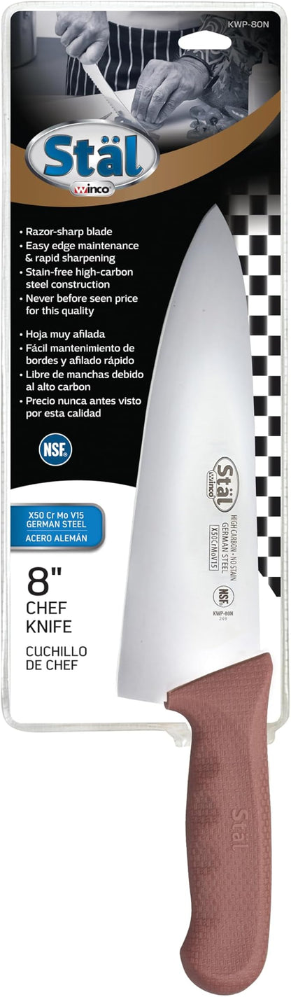 Winco 8" Commercial-Grade Chef's Knife with German Steel Blade, Brown